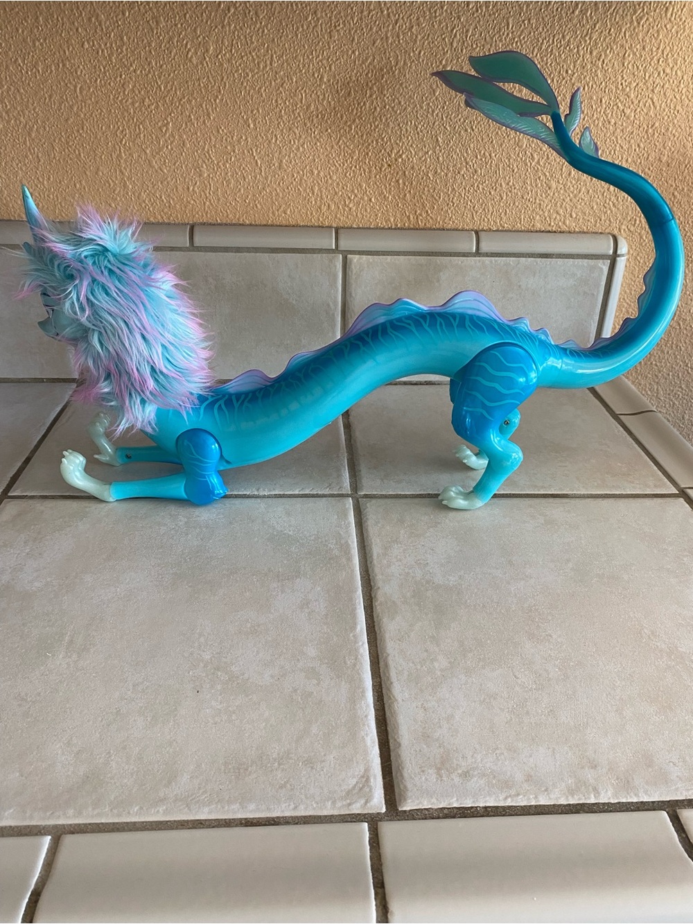Poseable Teal Dragon Toy with Pastel Fur Mane